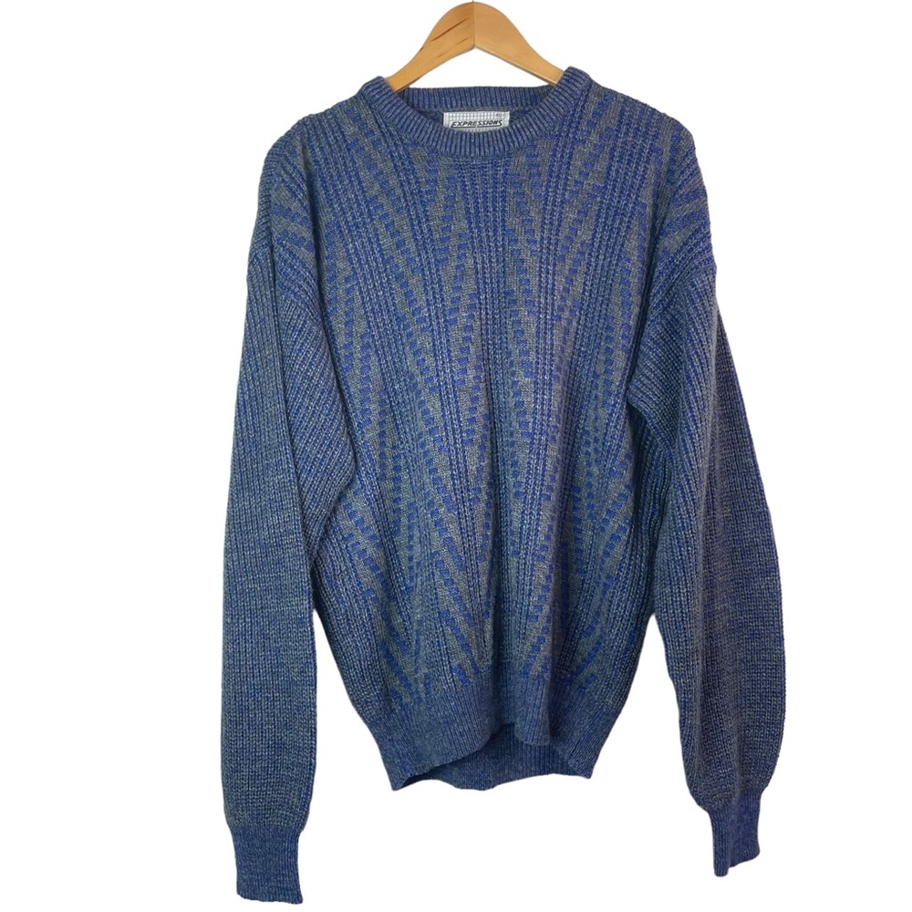 Vintage 80’s Retro Expressions Blue and Gray Crewneck Pullover Jumper Sweater